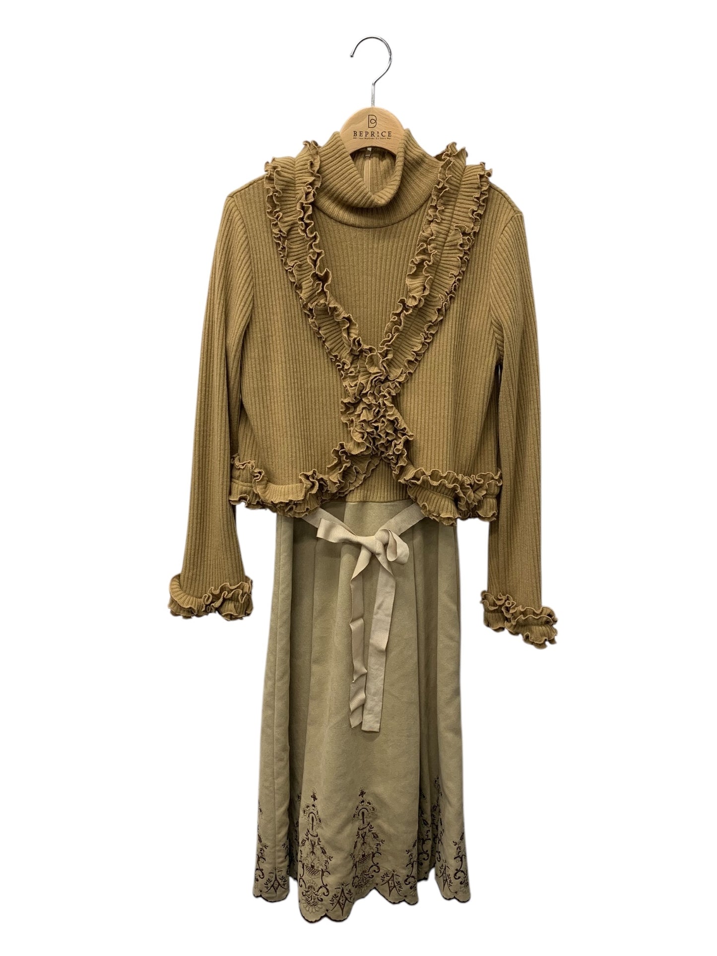 ギャラリービスコンティ 1368400 2 ブラウン ファネルネック フリル 刺繍 ワンピースセットアップ ITOX29HHXTHC