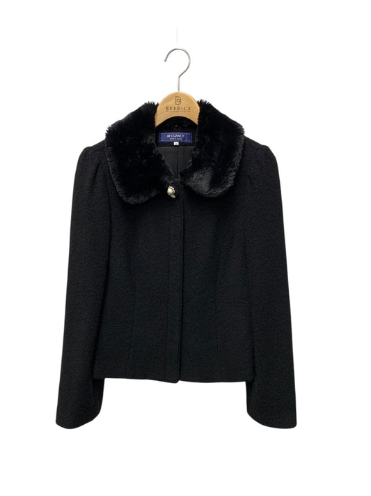 エムズグレイシー 814524 ジャケット 38 ブラック ウール混 フェイクファー衿 ビジューボタン ITBHFNXP77LI