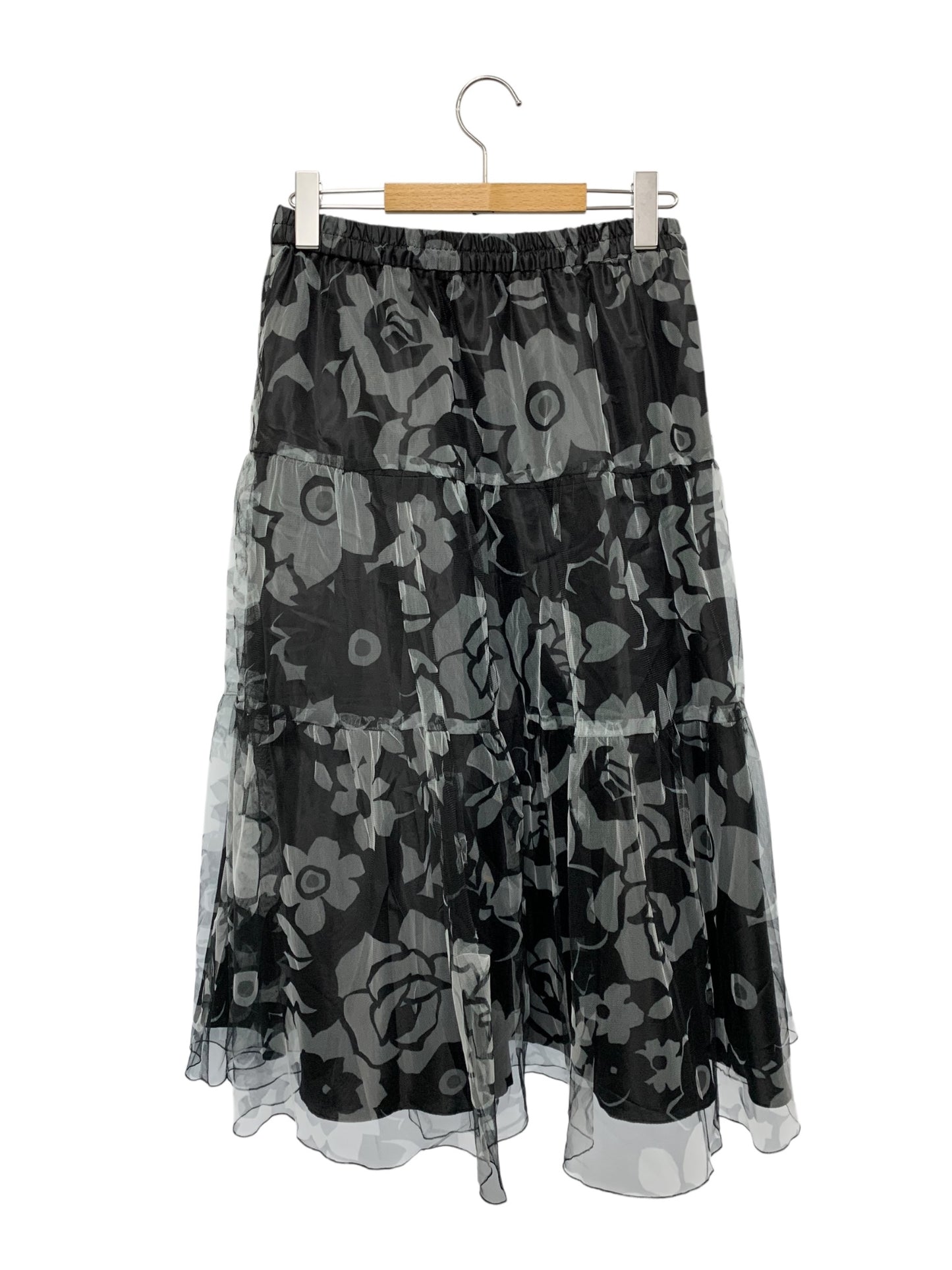 エムズグレイシー 517125 スカート 38 ブラック フラワープリント チュール IT6J5JGTFSBS