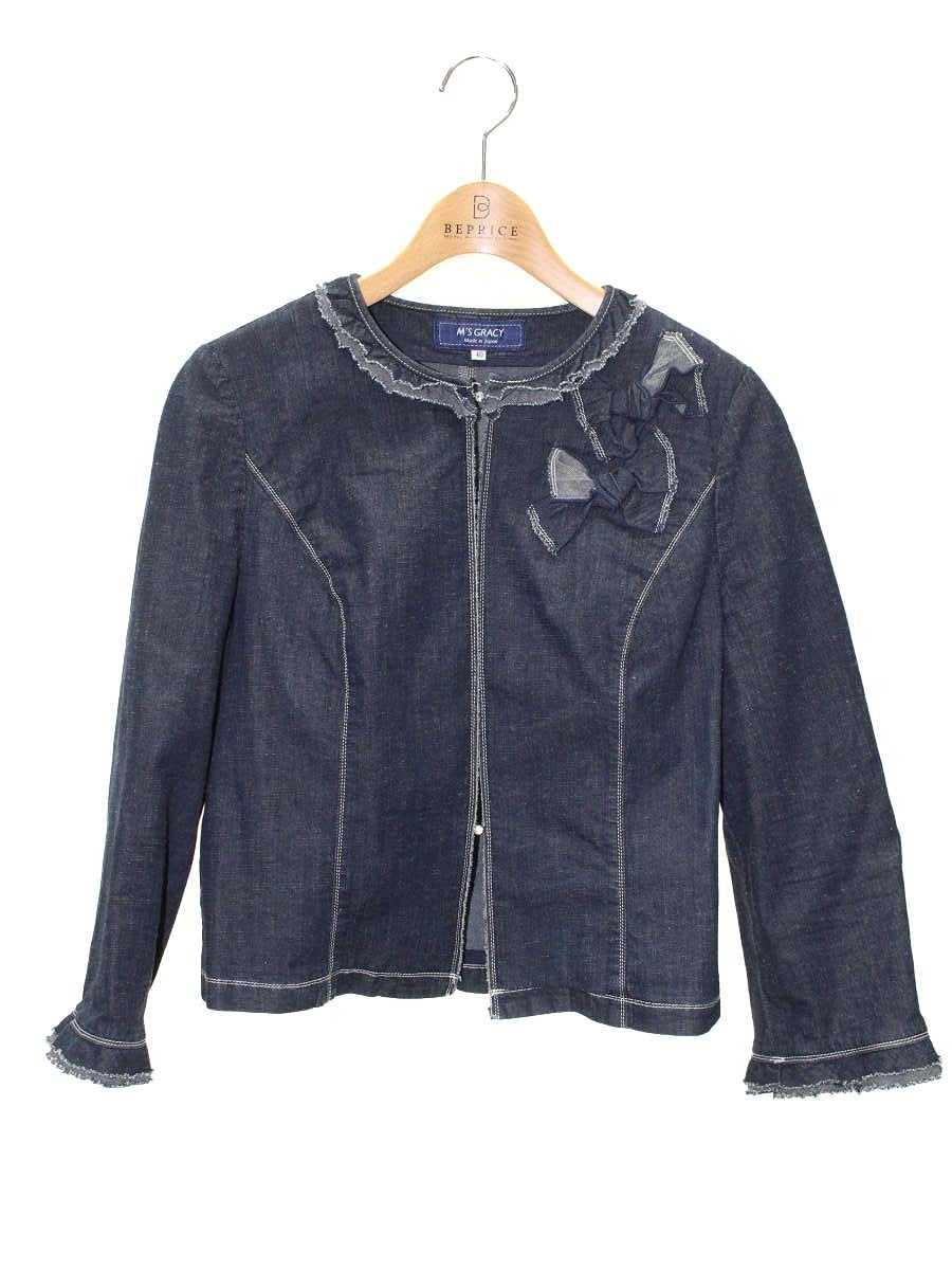 エムズグレイシー 814317 デニムジャケット 40 ネイビー ノーカラー フリル ビジュー ITVVT91XSCPW