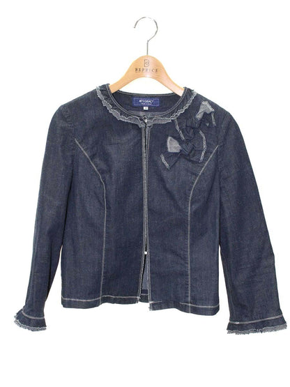 エムズグレイシー 814317 デニムジャケット 40 ネイビー ノーカラー フリル ビジュー ITVVT91XSCPW