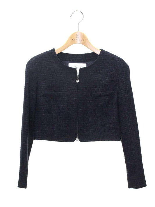 ルネ 6813410 ジャケット 34 ネイビー ノーカラー ツイード ショート丈 ITC681WDNZ46