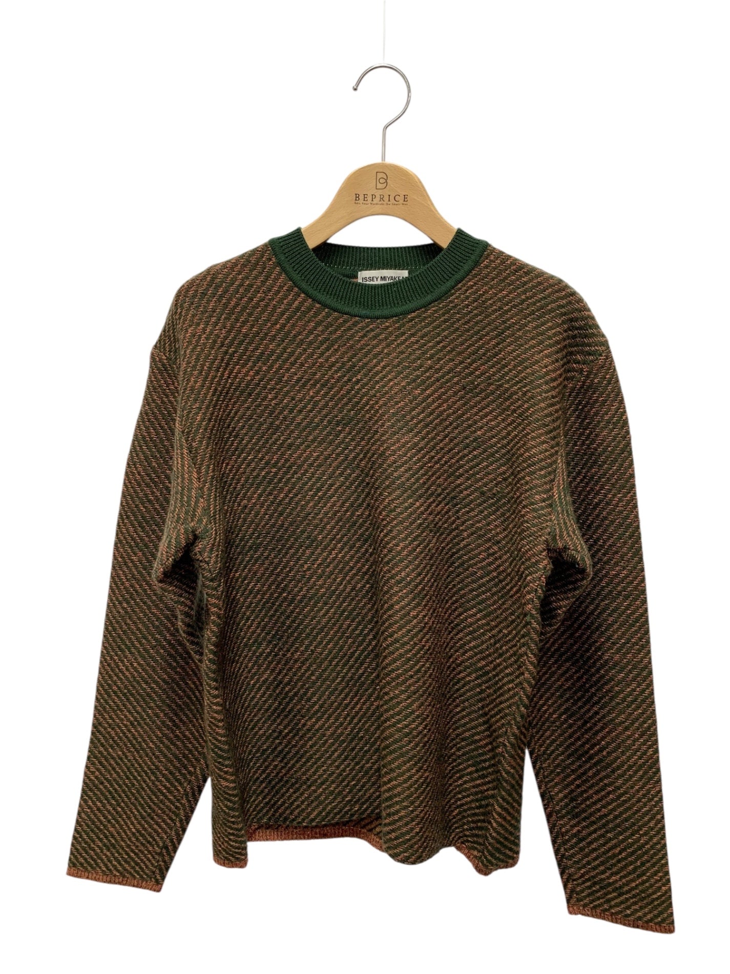 イッセイミヤケメン ME83KN003 クルーネックニット M グリーン レジメンタルストライプ 銀タグ ITZ936FCWXHG 【SALE】