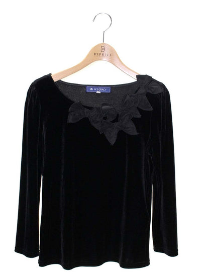 エムズグレイシー 225529 Tシャツ カットソー 38 ブラック ベロア リボン ITTZA4OH2SG0