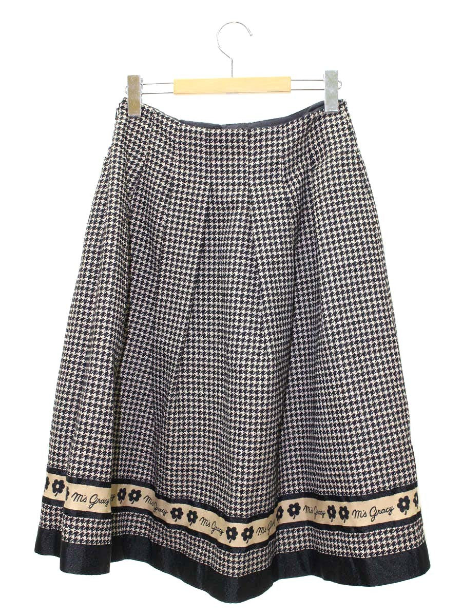 エムズグレイシー 千鳥柄ライン入りタックスカート 317524 40 ブラック/ベージュ フラワーモチーフ IT8TMZUFB3OE
