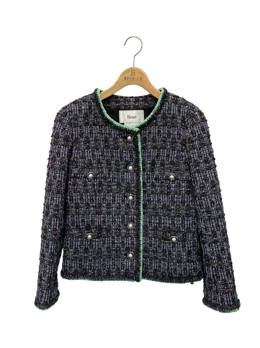 ルネ 6023340 ジャケット 36 パープル TISSUE社製ツイード ノーカラー パールボタン ITUUV5WTWR8C