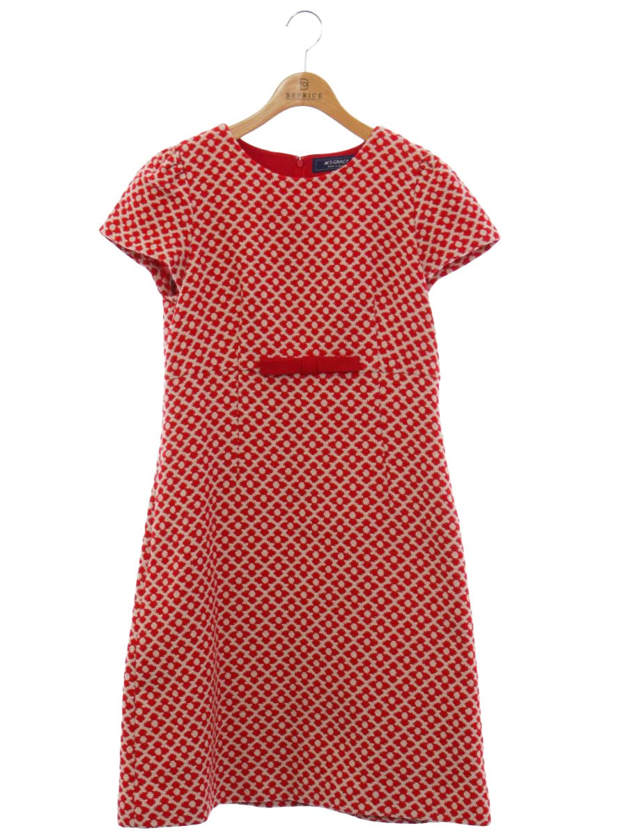 エムズグレイシー 911550 ワンピース 40 レッド ツイード リボン フラワーモチーフ IT43T0GIQAYU