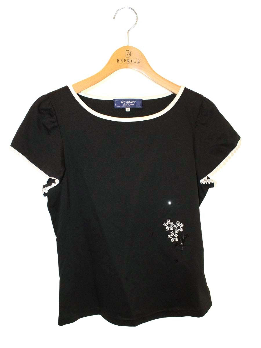 エムズグレイシー 915337 Tシャツ カットソー 40 ブラック フラワーモチーフ スパンコール ITF9JZVWHE3K