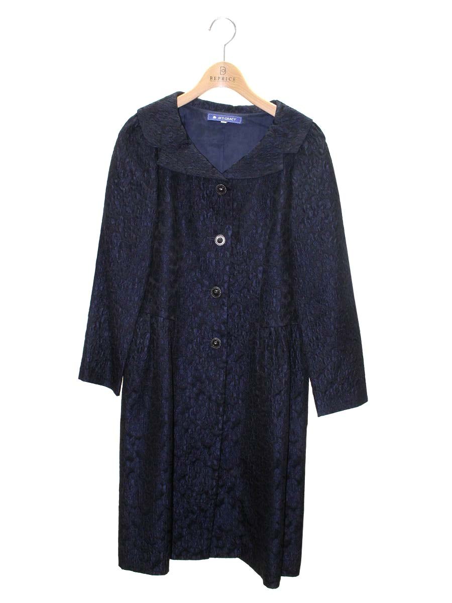 エムズグレイシー 121575 コート 38 ネイビー フロントボタン 花柄 エンボス加工 襟付 IT2LS29SB50G