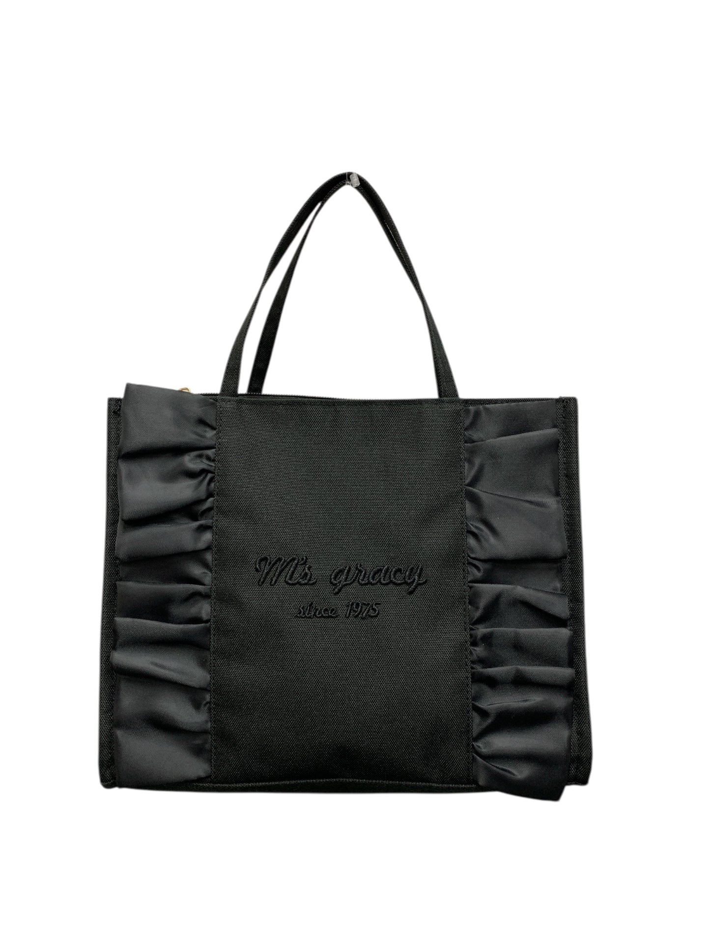 エムズグレイシー 594515 トートバッグ ブラック フリル ロゴ 刺繍 ITB1DQBBE3W0