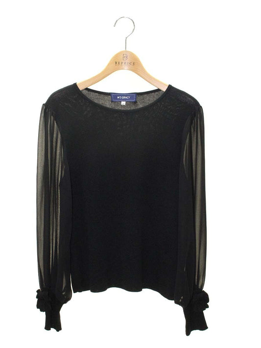 エムズグレイシー 918119 Tシャツ カットソー 40 ブラック 袖リボン シースルー ニット ITLS0M5AIC5K