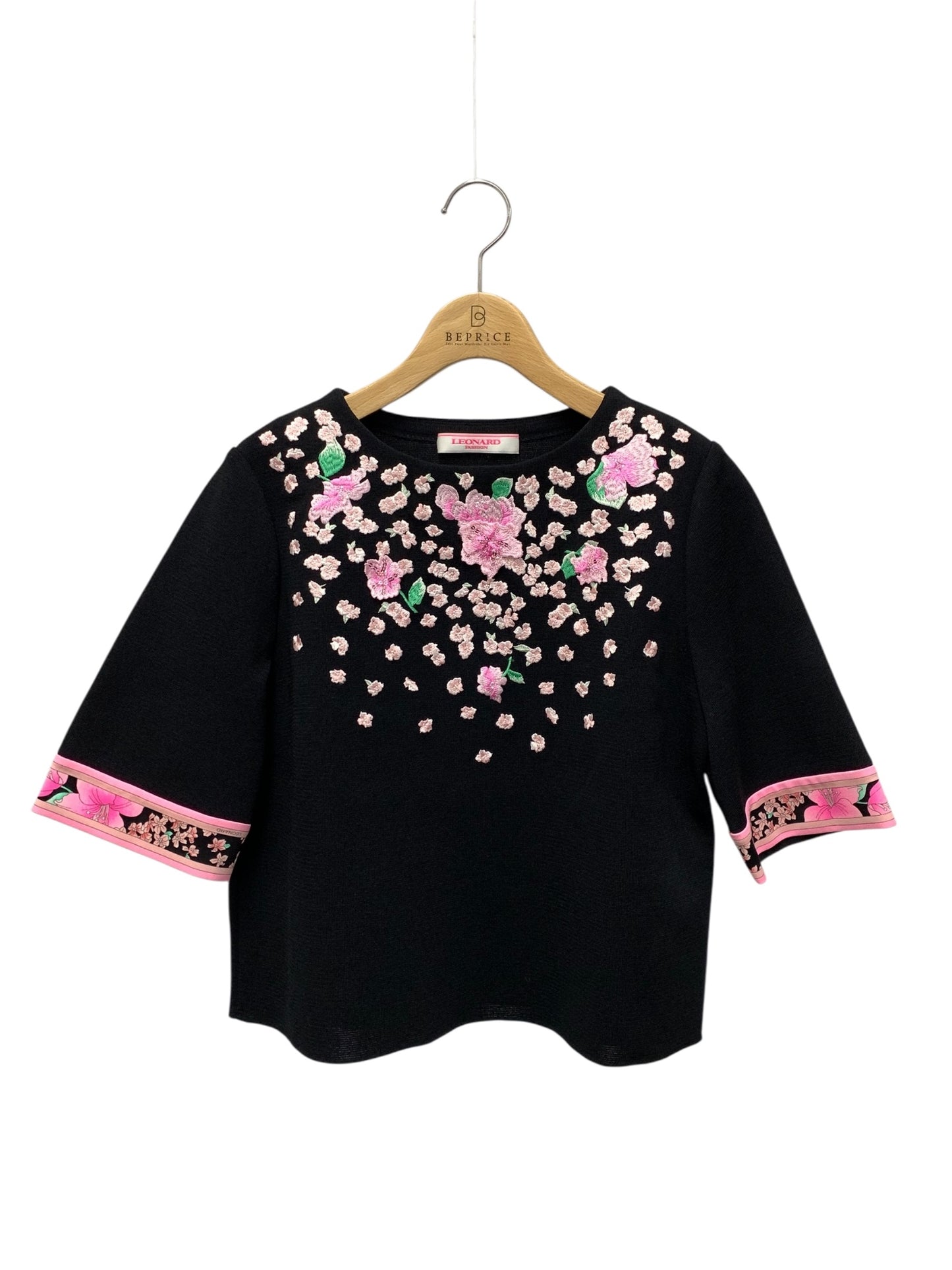 レオナールファッション 0337064 ニット セーター 3 ブラック 刺繍 フラワーモチーフ ITLRKEYJIORR