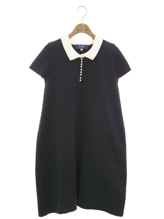 エムズグレイシー 018345 ワンピース 38 ネイビー ボリュームスリーブニット パール ITJA2QGYHSJB