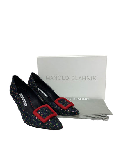 マノロブラニク 02WMAPBR0070 パンプス 36.5 ネイビー フラワーモチーフ 刺繍 ポインテッドトゥ ITH8Z76HISAS