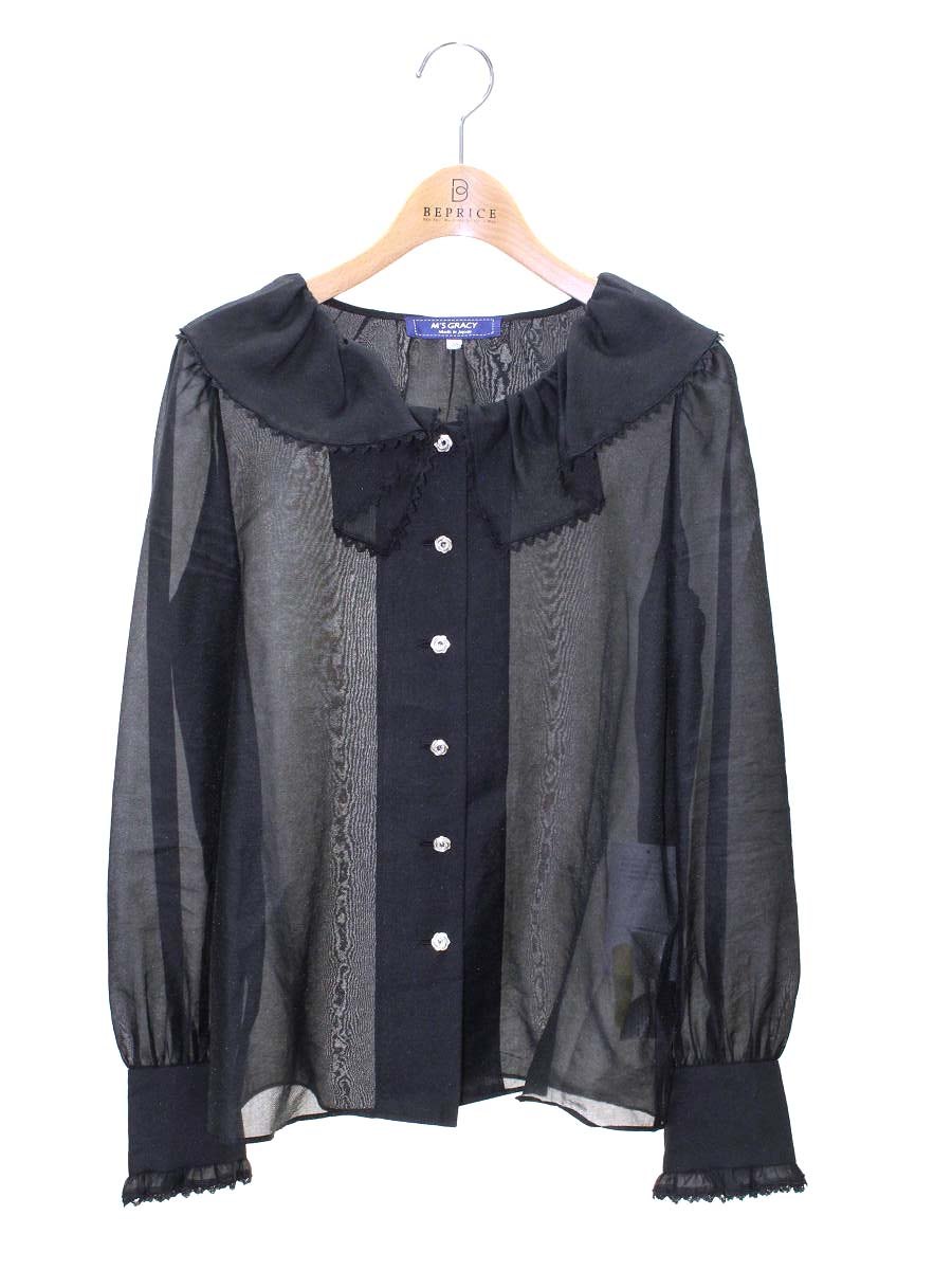 エムズグレイシー 110104 シャツ ブラウス 38 ブラック フリル カメリアボタン ITDH9N0H23KU