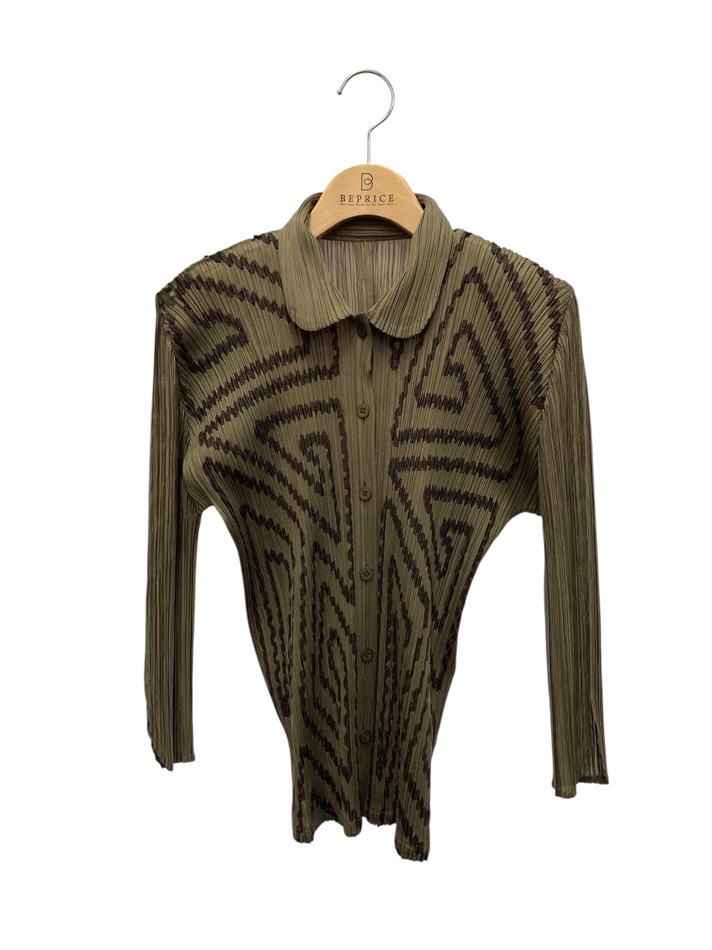 プリーツプリーズイッセイミヤケ PP41-JJ745 ブラウス 3 カーキグリーン プリーツ 丸襟 ITYOSQLGFBOS