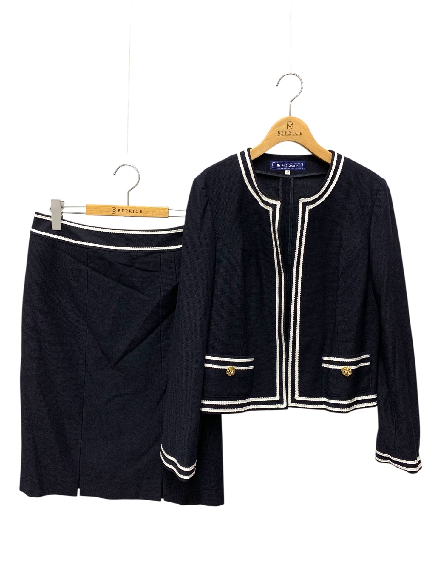 エムズグレイシー 724120 セットアップ 42 ネイビー ジャケット スカート 花 ラインストーン IT6BYWZATA5S