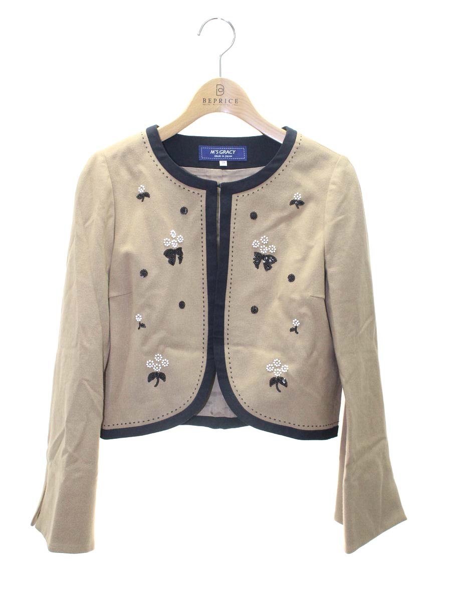 エムズグレイシー 724518 ジャケット 38 ベージュ ノーカラー ビーズ スパンコール ITM9IGYQF4DE