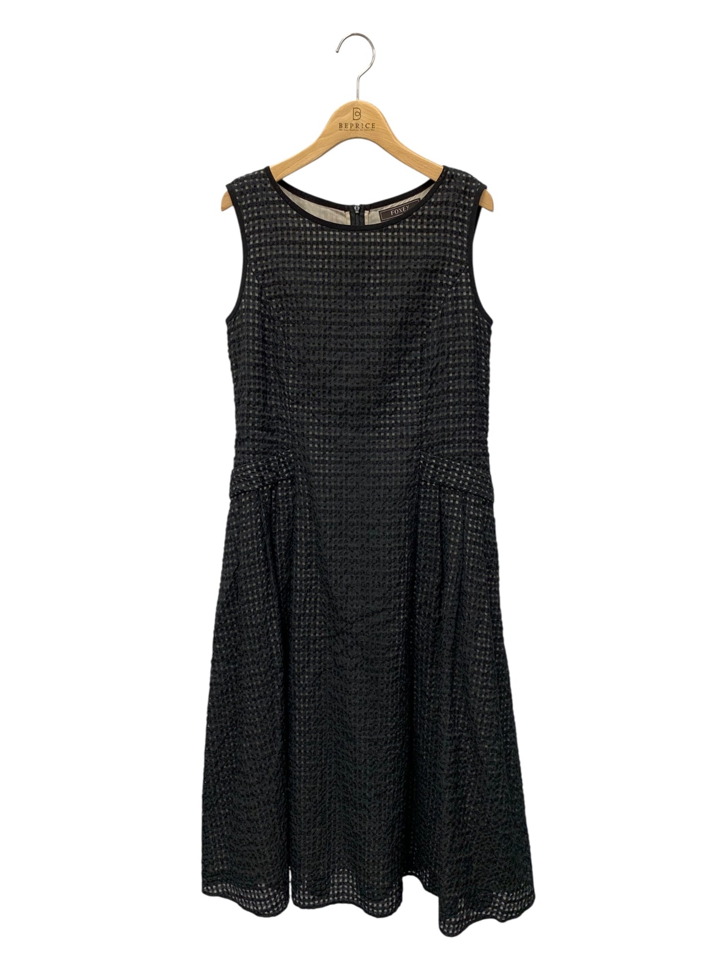 フォクシーブティック Dress Lgende 44361 ワンピース 40 ブラック クルーネック バックジップ チェック ITWMBF0OED3C