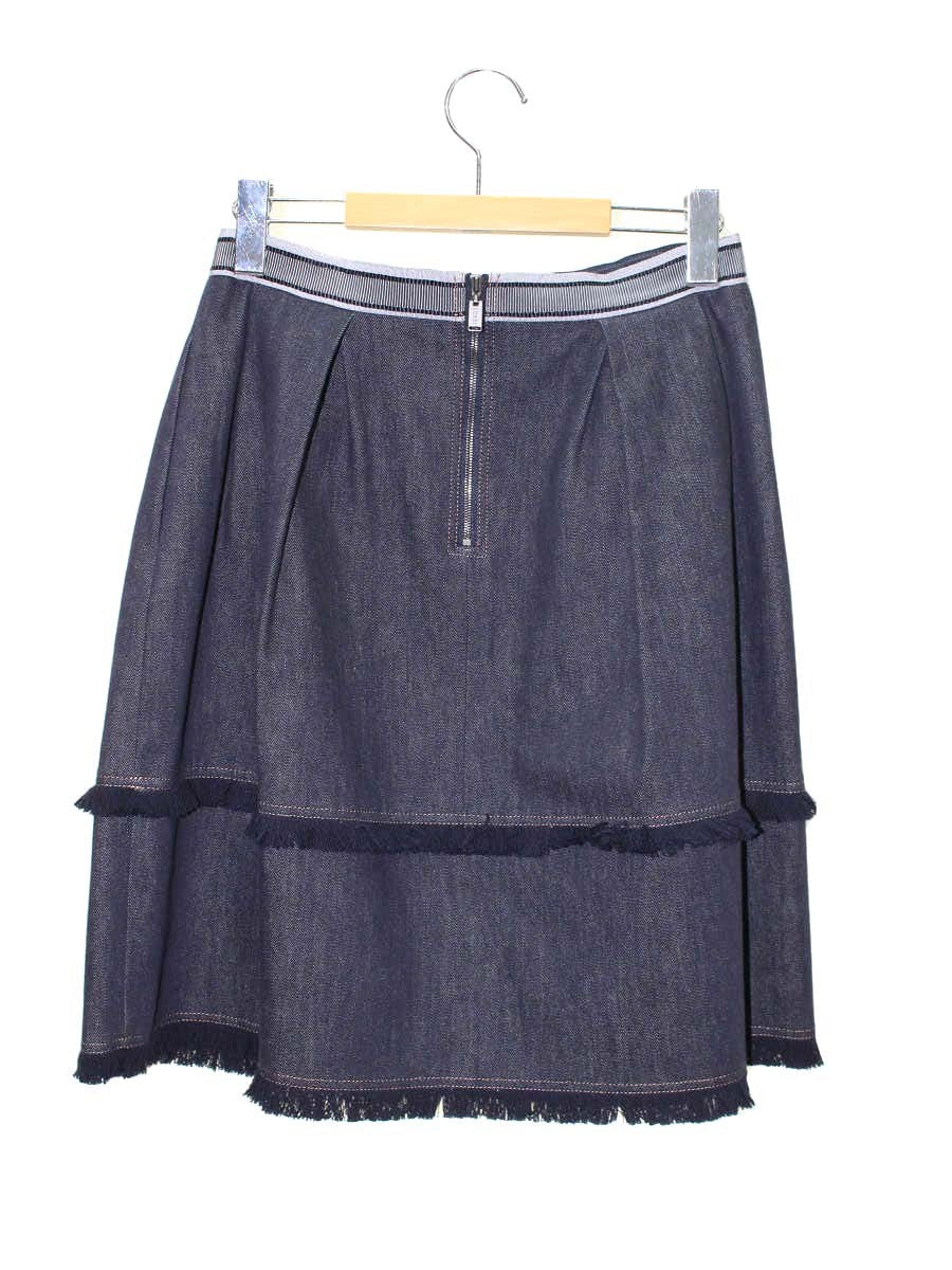 フォクシーブティック Skirt 40915 デニムスカート 40 ネイビー フリンジ タックフレア ITJDF5LZJPBD