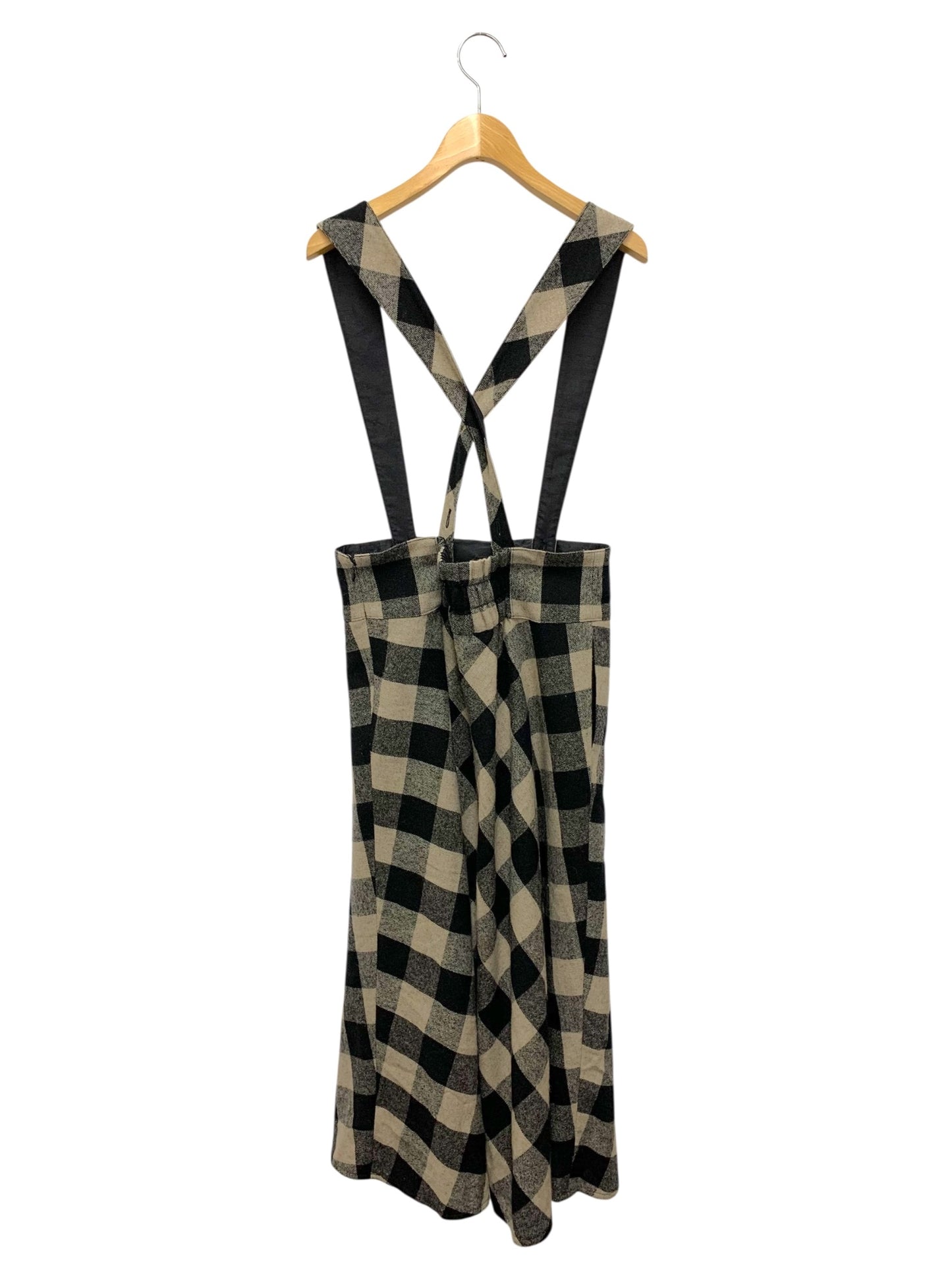 エムズグレイシー 417603 吊りスカート 40 ベージュ ウール混 チェック柄 フレア 肩紐付き IT0JQVV5UVQU