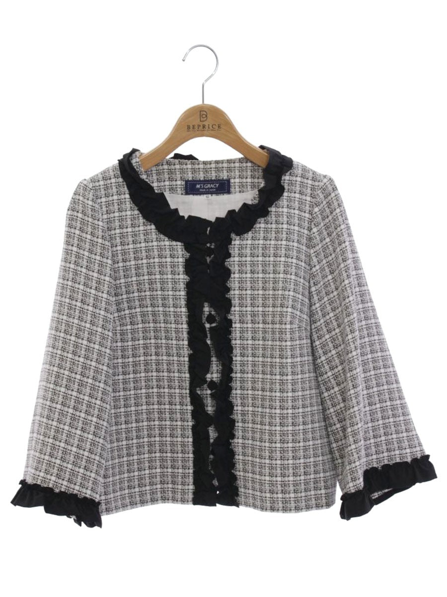 エムズグレイシー リボンフリルツイードジャケット 314310 42 ホワイト/ブラック IT4L86HAG3I0