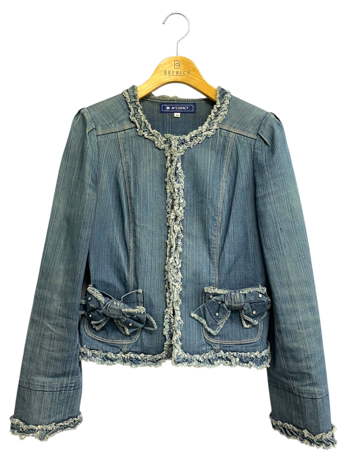 エムズグレイシー 524510 ジャケット 38 ネイビー リボン ノーカラー デニム ITDIUSO8C11S