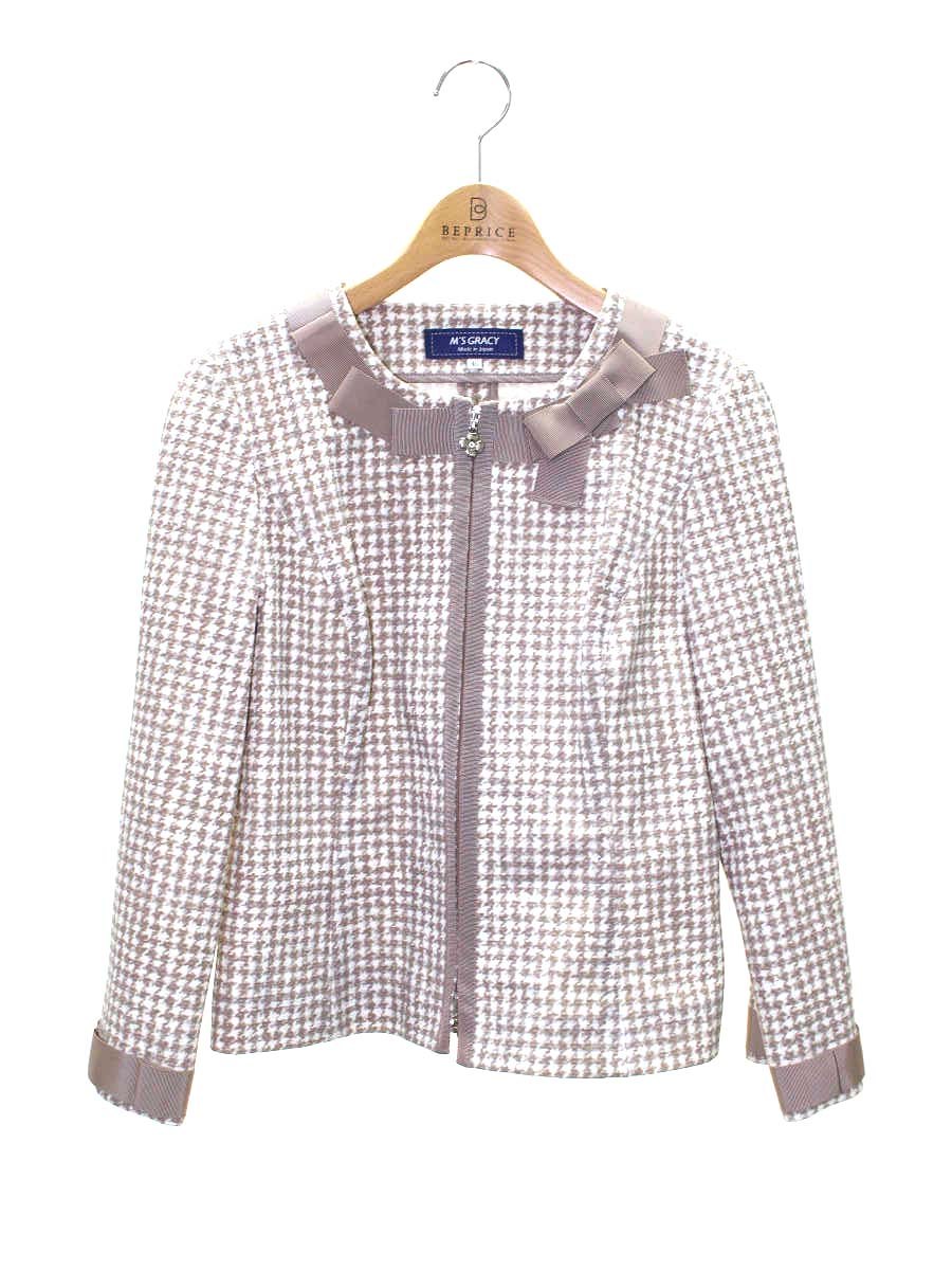 エムズグレイシー 724513 ジャケット 40 ベージュ リボン 千鳥格子 ITSNU3SMODAP