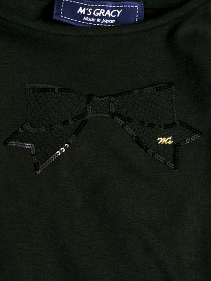 エムズグレイシー カットソー 415111 トップス 38 ブラック スパンコール リボン ITAGAV0DLMRC