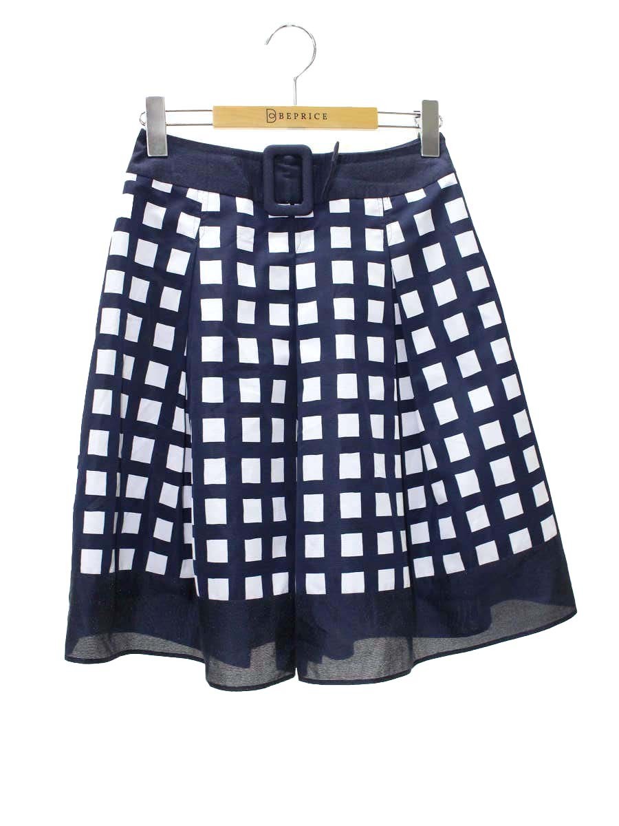 エムズグレイシー 327112 スカート 36 ネイビー チェック柄 ベルトモチーフ ITBG3WWHSXXQ