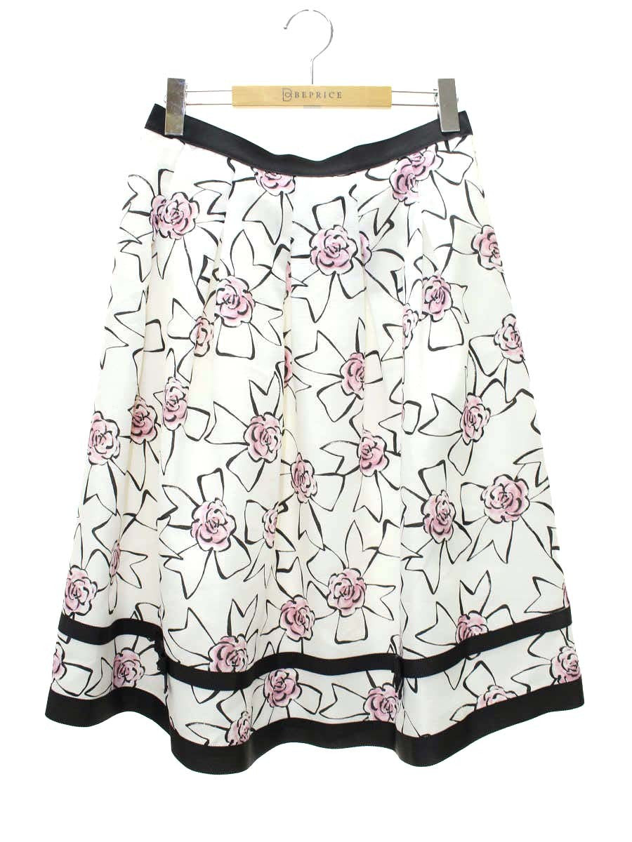 エムズグレイシー 217109 スカート 40 ホワイト リボンコサージュプリントタックスカート ITCE73OSESTW