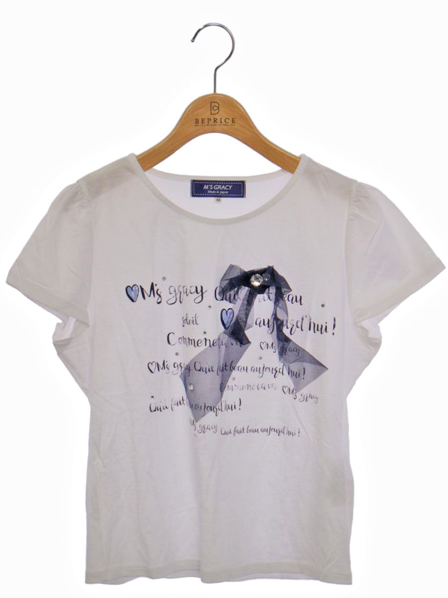 エムズグレイシー Message Print T-shirt 915320 Tシャツ カットソー 40 ホワイト チュールリボン ITSA88HKP39C
